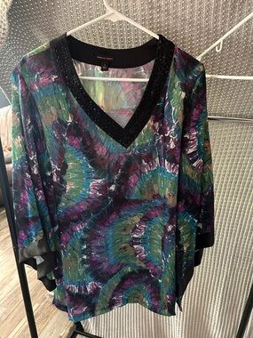 Dana Buchman Multicolor V-Neck Beaded Abstract Print Tunic